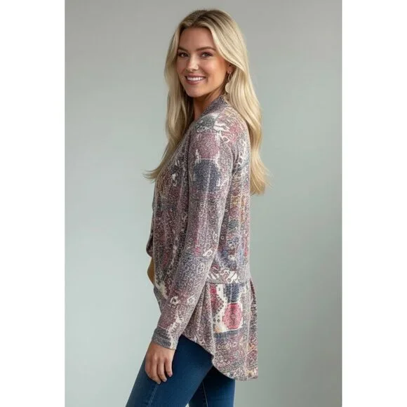 Anthropologie Open Front Multicolored Knit Cardigan | Boho Cottagecore Artsy L - Picture 11 of 16